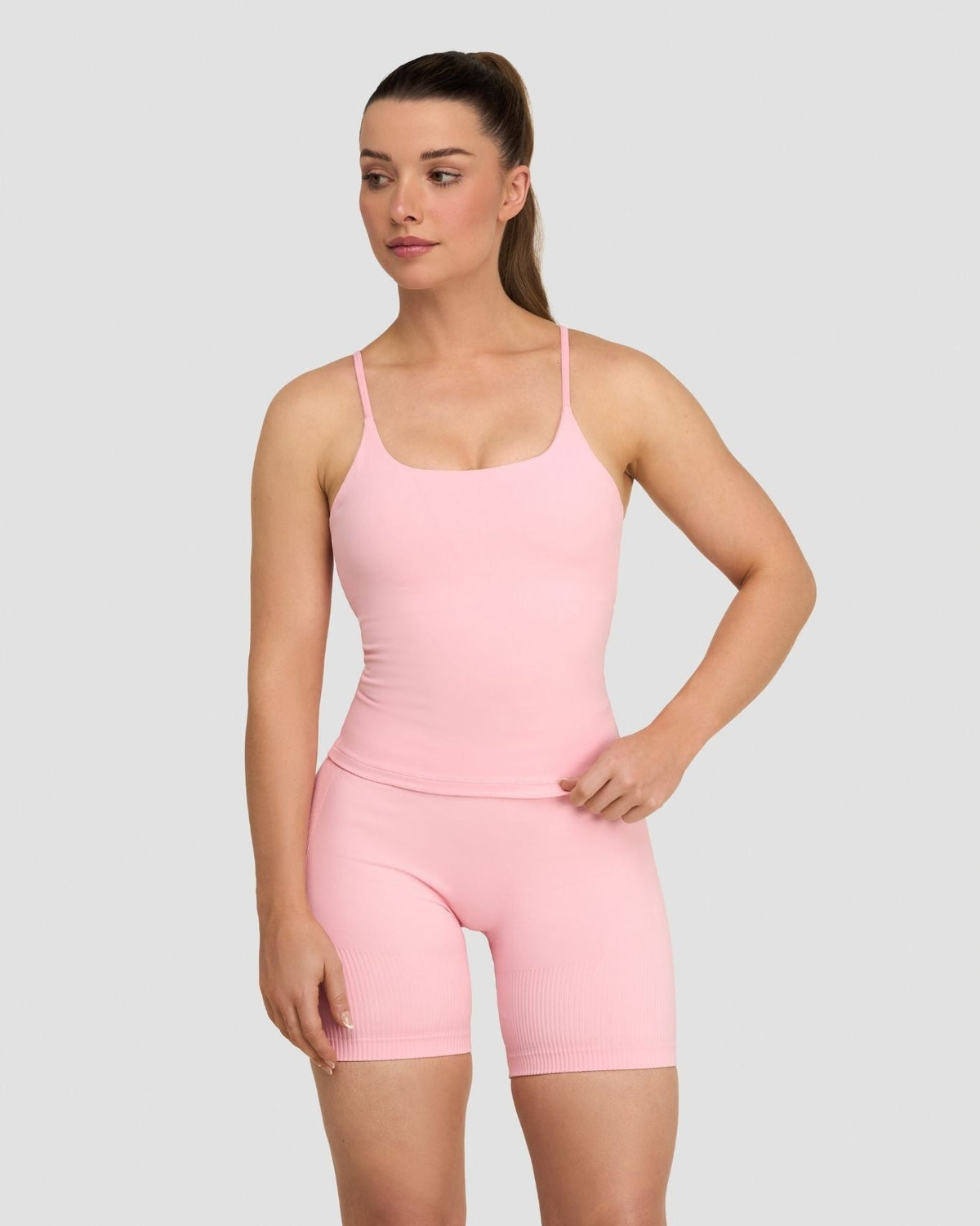 Elevate Sculpting Seamless Scoop Neck Cami in Cotton Pink, front view with matching shorts