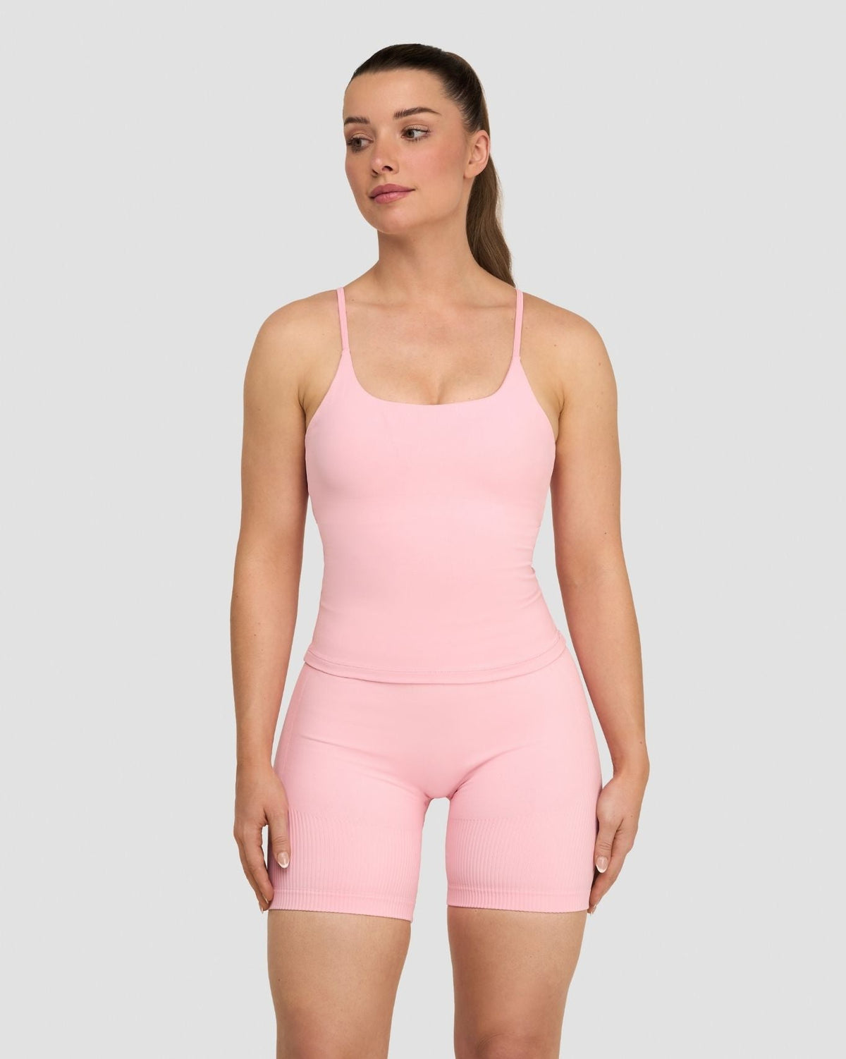 Elevate Sculpting Seamless Scoop Neck Cami in Cotton Pink, front view with thin straps and matching shorts