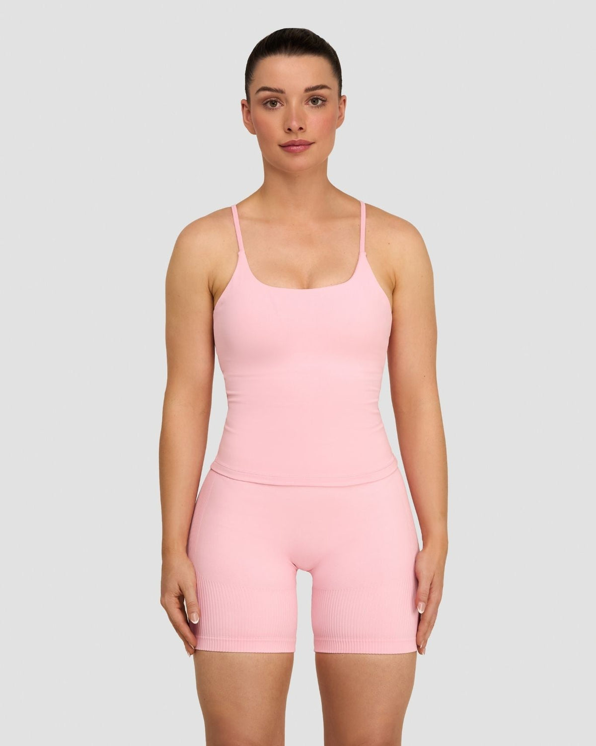 Elevate Sculpting Seamless Scoop Neck Cami in Cotton Pink, front view with matching shorts