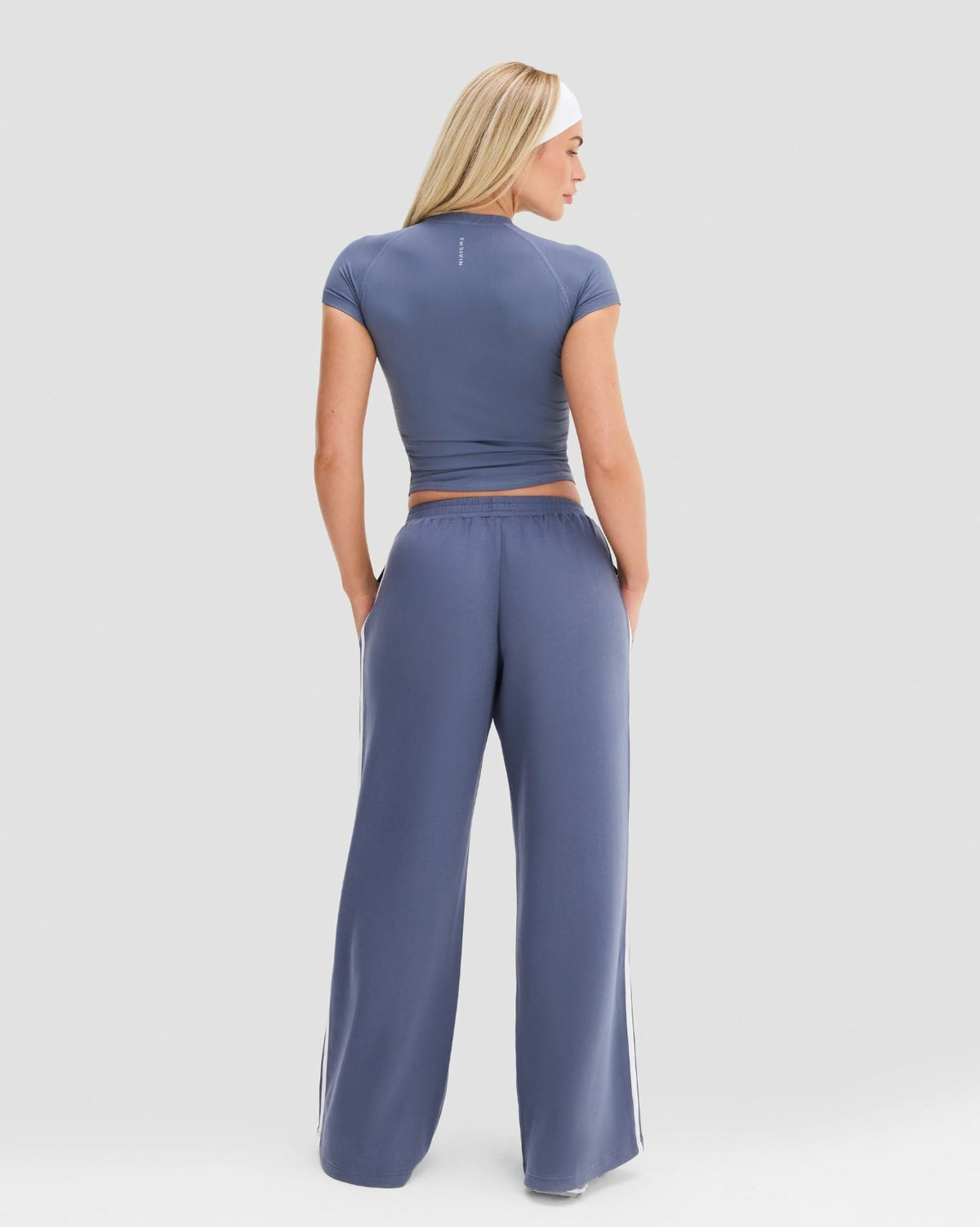 Wide Leg Striped Joggers in Steel Blue, back view of relaxed fit, elastic waistband and full-length wide leg