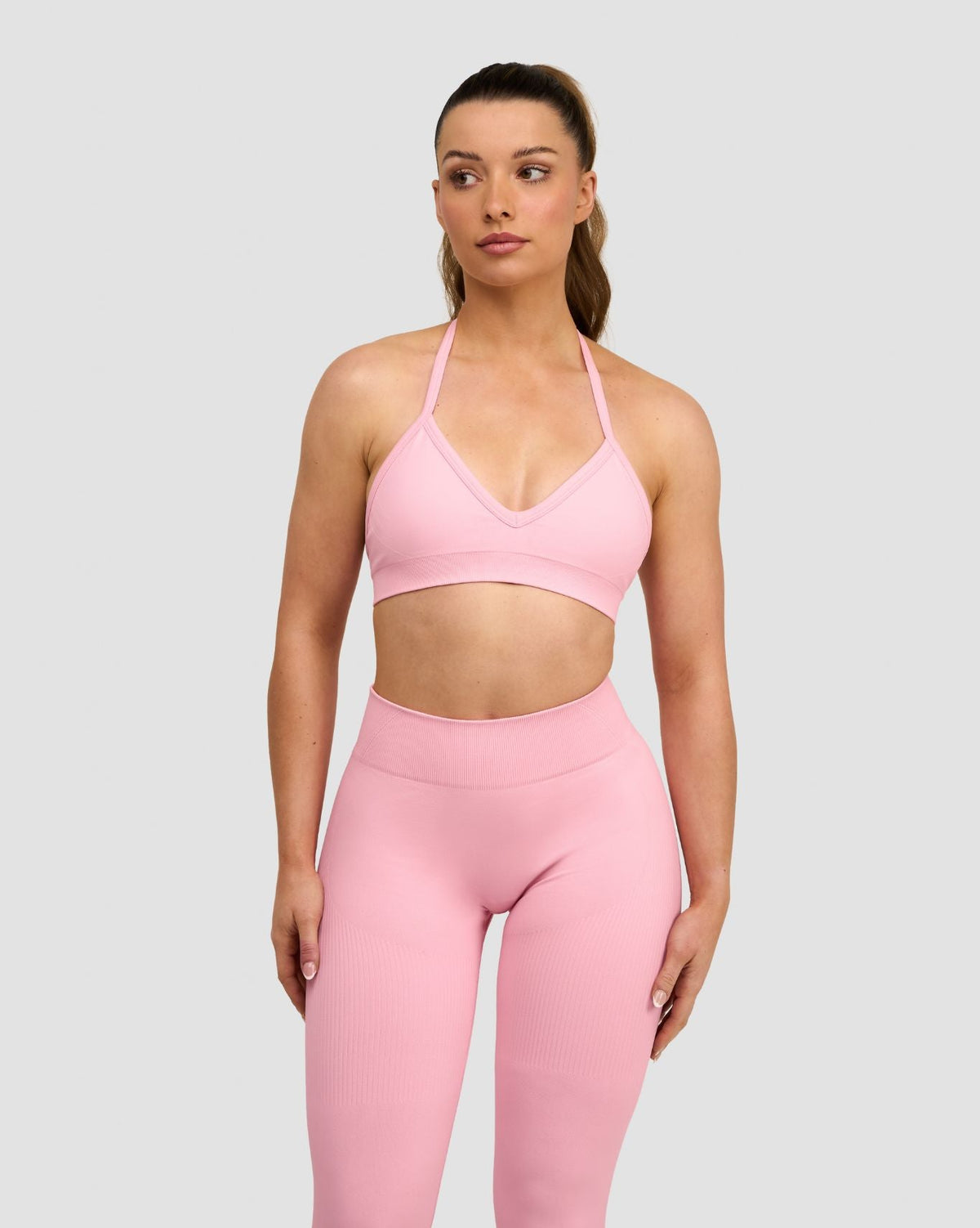Elevate Sculpting Seamless Adjustable Halter Bra in Cotton Pink, front view with halter neck and V-neckline